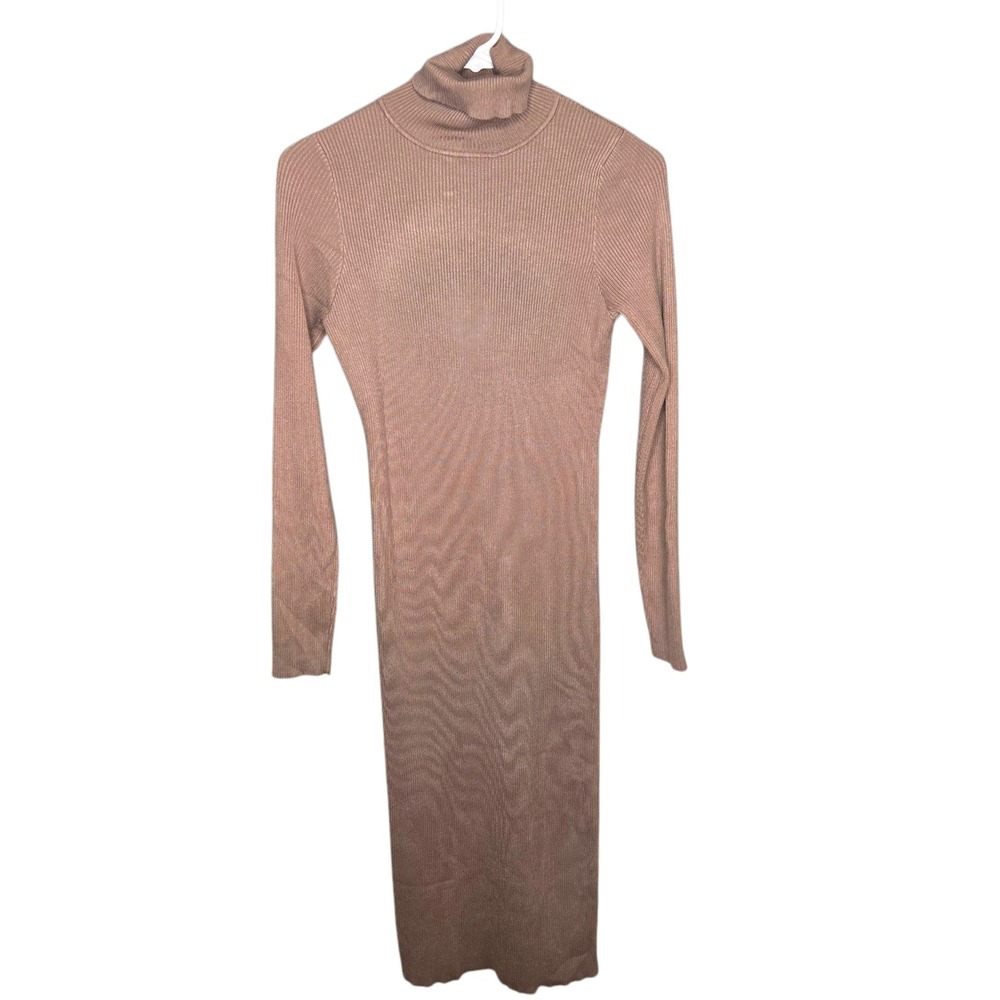 Sweater Dress Womens L Beige Ribbed Knit Turtleneck Long‎ Sleeve Midi Bodycon